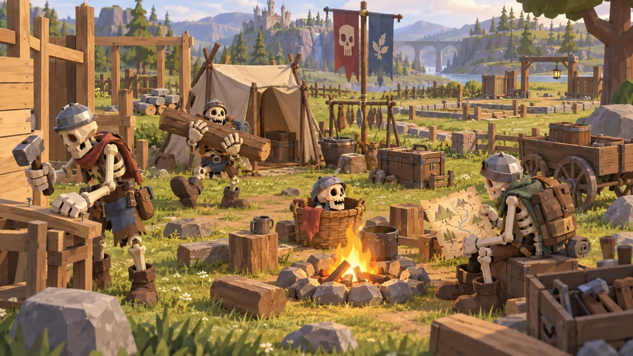 Campamento de esqueletos alrededor de un fogón, con una tienda y colinas al fondo.