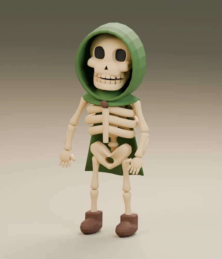 Esqueleto low-poly con capucha verde y botas desparejas, sonriendo de frente.