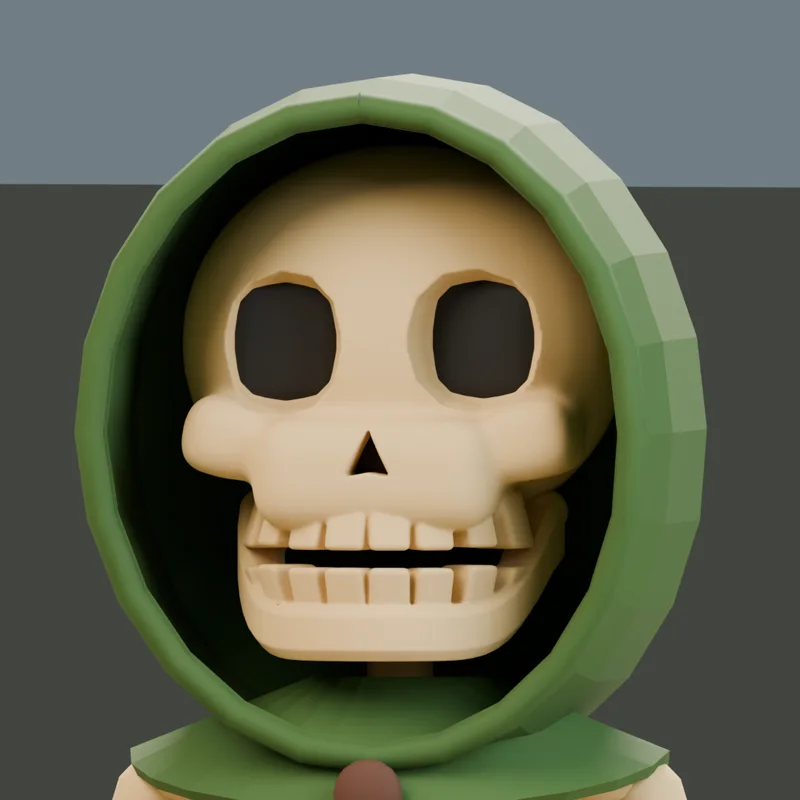 Primer plano de un cráneo low-poly dentro de una capucha verde.
